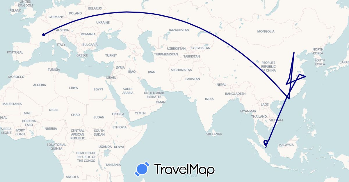 TravelMap itinerary: driving in China, France, Singapore (Asia, Europe)